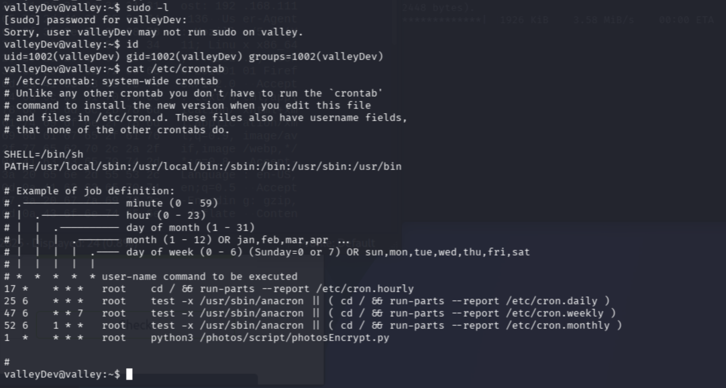 /etc/crontab showing python3 photosEncrypt.py running as root every minute